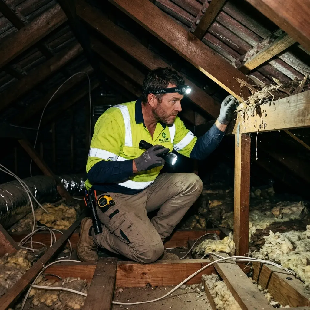 Technician inspecting a roof cavity for a dead animal in Yellingbo
